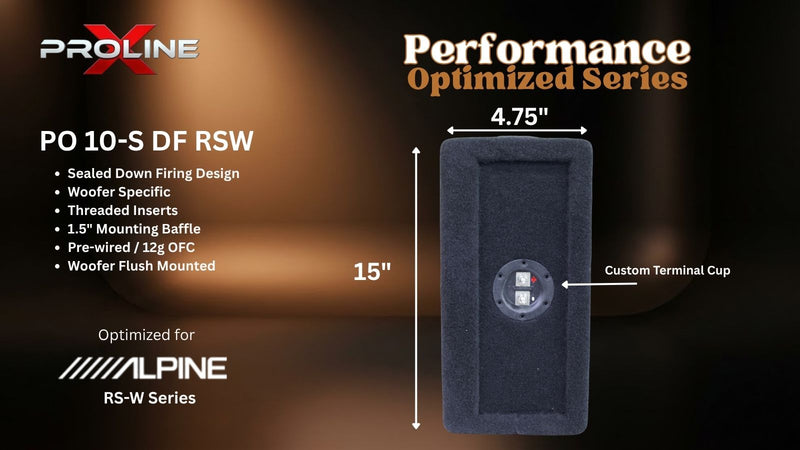 Proline X PO 10-S DF RSW sealed down-fire enclosure, end panel with recessed terminal cup, 4.75 inches deep by 15 inches tall. Optimized for Alpine RS-W.