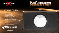 Proline X PO 10-S DF SW sealed down-fire enclosure, front baffle with a single flush-mount cutout, 30 by 15 inches. Optimized for Arc Audio SW.