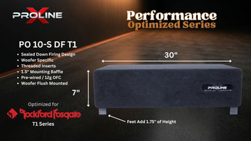 A dark gray rectangular audio speaker enclosure shown on a dark promotional graphic with dimension labels reading 30 inches wide and 7 inches high, plus text including 'PROLINE' and 'PO 10-S DF T1'.