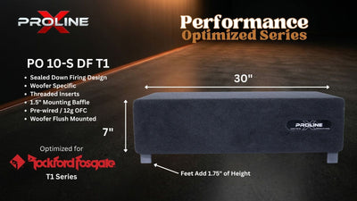 A dark gray rectangular audio speaker enclosure shown on a dark promotional graphic with dimension labels reading 30 inches wide and 7 inches high, plus text including 'PROLINE' and 'PO 10-S DF T1'.