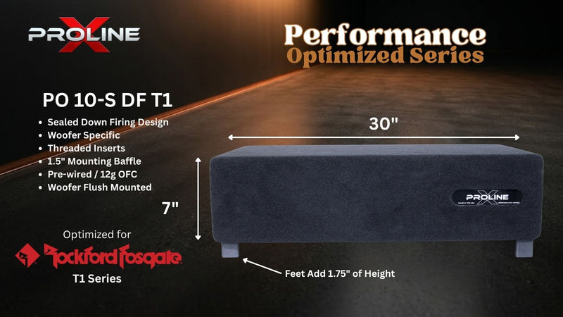 A dark gray rectangular audio speaker enclosure shown on a dark promotional graphic with dimension labels reading 30 inches wide and 7 inches high, plus text including 'PROLINE' and 'PO 10-S DF T1'.