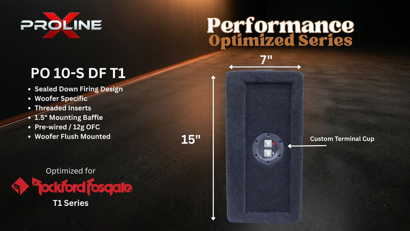 A dark gray rectangular woofers enclosure shown on a black background with measurement annotations reading 7 inches wide and 15 inches tall. Text on the image includes 'PROLINE', 'Performance Optimized Series', 'PO 10-S DF T1', and 'Rockford Fosgate T1 Series', with a close-up of the front terminal cup.