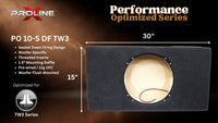 A Proline Performance Optimized Series PO 10-S DF TW3 subwoofer enclosure shown on a dark promotional graphic. The enclosure is black with a circular opening revealing a beige interior and a brown wire loop.