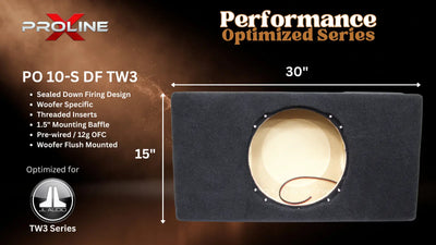 A Proline Performance Optimized Series PO 10-S DF TW3 subwoofer enclosure shown on a dark promotional graphic. The enclosure is black with a circular opening revealing a beige interior and a brown wire loop.