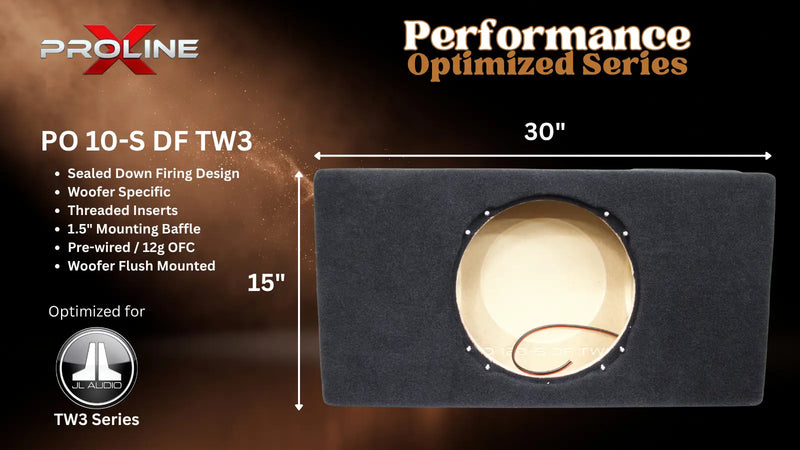 A Proline Performance Optimized Series PO 10-S DF TW3 subwoofer enclosure shown on a dark promotional graphic. The enclosure is black with a circular opening revealing a beige interior and a brown wire loop.