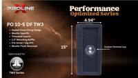 Proline X PO 10-S DF TW3 sealed down-fire enclosure, end panel with recessed terminal cup, 4.94 inches deep by 15 inches tall. Optimized for JL Audio TW3.