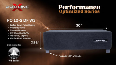 A dark gray PROLINE PO 12-S DF W3 subwoofer shown on a black promotional graphic with dimension labels of 30 inches wide and 8.3 inches high, plus feature text and the PROLINE Performance Optimized Series branding.