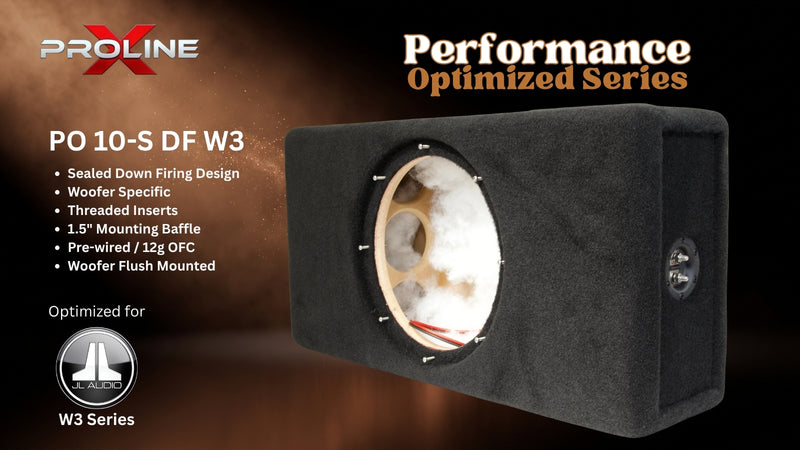 Proline X PO 10-S DF W3 sealed down-fire enclosure, three-quarter view of the flush-mount baffle opening and side terminal cup. Optimized for JL Audio W3.
