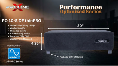 A promotional product graphic for the Proline PO 12-S DF thinPRO speaker, showing a dark gray rectangular speaker with dimension callouts of 30 inches wide and 5.25 inches high.
