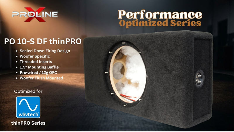 A black Woofer box Proline X PO 10-S DF thinPRO speaker box with a circular opening showing the internal baffle, set against a dark background with promotional text and the Wavtech logo.