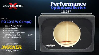 A Proline PO 10-S W CompQ subwoofer enclosure shown on a dark promotional graphic with dimensions labeled 26.25 inches by 18 inches and feature text on the left.