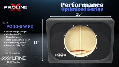 Alpine Proline PO 10-S W R2 woofers shown in a black acrylic enclosure with a circular opening, labeled as 15 by 13 inches, on a dark blue background with product specifications and branding.