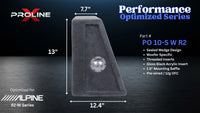 A performance-optimized Alpine R2-W series car subwoofer enclosure by Proline, shown as a dark gray wedge-shaped cabinet with dimension labels (15 inches tall, 13.1 inches wide, 6.