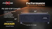 A dark gray Proline PO 10D-S DF CompRT speaker cabinet shown on a dark promotional graphic with dimension labels of 30 inches wide and 10 inches high, plus text listing features and compatibility with Kicker.