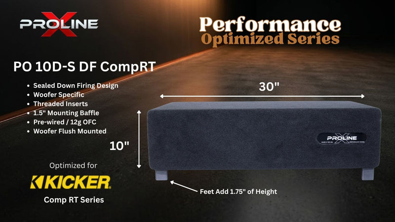A dark gray Proline PO 10D-S DF CompRT speaker cabinet shown on a dark promotional graphic with dimension labels of 30 inches wide and 10 inches high, plus text listing features and compatibility with Kicker.