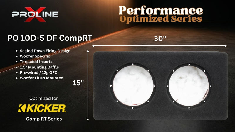 A black rectangular light fixture labeled PO 10D-S DF CompRT from Proline Performance Optimized Series, shown on a dark promotional background with dimensions marked as 30 inches wide by 15 inches high. The fixture has two round white diffusers.