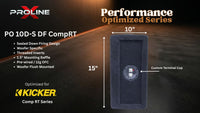 A dark gray rectangular woofers enclosure shown on a black promotional graphic with dimension labels reading 10 inches high and 15 inches tall, plus text including 'PROLINE Performance Optimized Series' and 'Kicker Comp RT Series'.