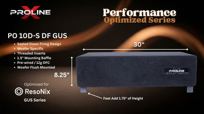 A dark gray Proline PO 10-S DF GUS speaker shown on a black promotional graphic with dimensions labeled 30 inches wide and 5.1 inches high, plus feature text and the Proline and ResoNix branding.