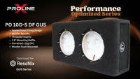 A black Proline Performance Optimized Series PO 10D-S DF GUS speaker enclosure box with two circular driver openings, shown on a dark brown gradient background with product specifications and branding.