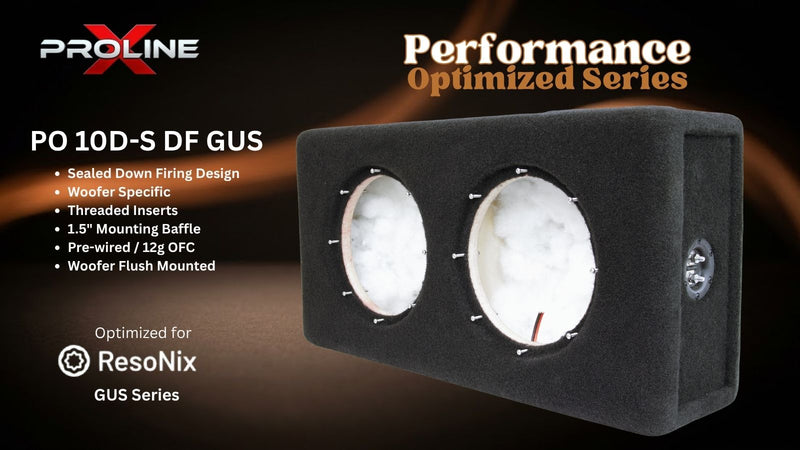 A black Proline Performance Optimized Series PO 10D-S DF GUS speaker enclosure box with two circular driver openings, shown on a dark brown gradient background with product specifications and branding.