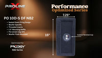 A promotional product graphic for a Proline PO 10D-S DF NB2 woofers, showing a single black rectangular woofer with dimension callouts of 7.25 inches wide and 15 inches tall, plus text describing sealed down firing design and optimized series features.