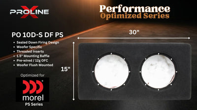 A black rectangular light fixture panel labeled PO 10D-S DF PS from Proline, shown on a dark promotional background with dimension lines indicating 30 inches wide by 15 inches high. The panel has two round white marble-like inserts.