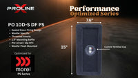 A dark gray Woofo X Proline PO 10D-S DF PS speaker enclosure shown on a dark stage background with dimension lines indicating 15 inches by 7.6 inches.