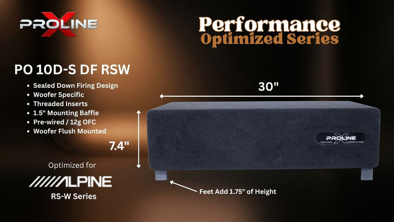 A promotional product graphic for a PROLINE PO 10D-S DF RSW speaker cabinet, showing the front and side dimensions of the dark gray speaker box with text callouts including 30 inches wide, 9.4 inches tall, and Alpine RS-W optimized design on a dark gradient background.