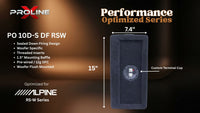 A promotional product graphic for a Proline PO 10D-S DF RSW woofers, showing a single black rectangular woofer with dimension callouts of 15 inches by 7.4 inches and a custom terminal cup, alongside feature text and the Alpine RS-W Series compatibility.