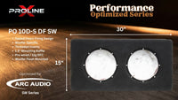 A black rectangular speaker mounting plate shown on a dark wood background, with two round white marble-like inserts and printed product information including 'Proline X Performance Optimized Series', 'PO 10D-S DF SW', dimensions 30 by 15 inches, and 'ARC AUDIO SW Series'.