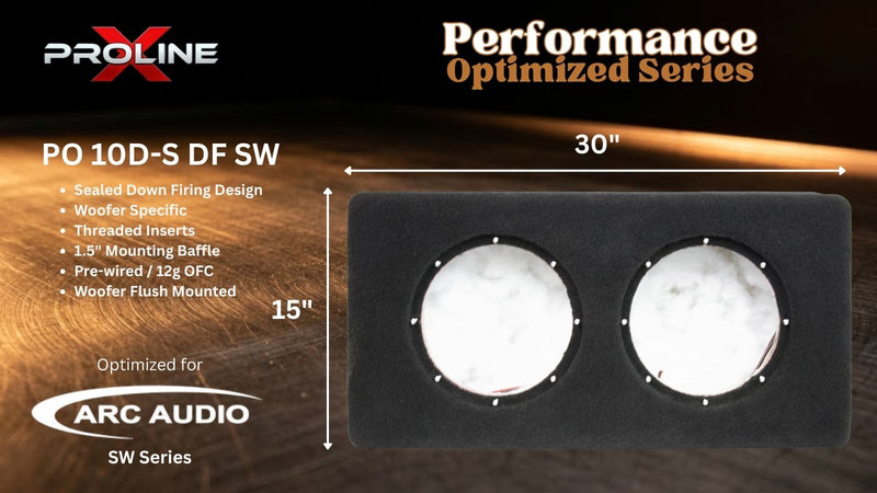 A black rectangular speaker mounting plate shown on a dark wood background, with two round white marble-like inserts and printed product information including 'Proline X Performance Optimized Series', 'PO 10D-S DF SW', dimensions 30 by 15 inches, and 'ARC AUDIO SW Series'.