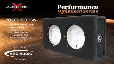 ARC Audio Proline PO 10D-S DF SW woofer enclosure shown on a dark wood background with promotional text. The enclosure is black with two circular driver openings containing white foam, and the image includes branding for Proline and ARC Audio.