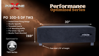 A promotional product graphic for a Proline PO 10D-S DF TW3 speaker cabinet, showing the speaker from an angled front-three-quarter view on a dark smoky background with measurement callouts of 30 inches wide and 7.69 inches high, plus feature text and the Proline logo.