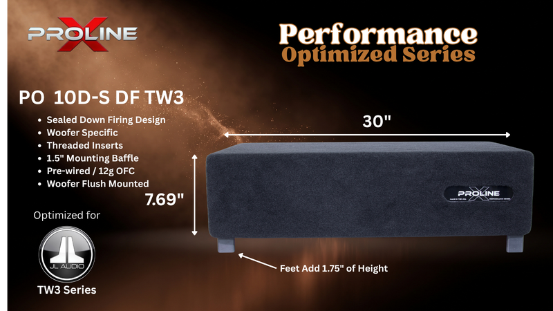 A promotional product graphic for a Proline PO 10D-S DF TW3 speaker cabinet, showing the speaker from an angled front-three-quarter view on a dark smoky background with measurement callouts of 30 inches wide and 7.69 inches high, plus feature text and the Proline logo.