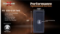 A product specification graphic for a Proline Performance Optimized Series PO 10D-S DF TW3 woofer. The image features a black foam-wrapped woofer with dimension markings of 15 inches by 7.