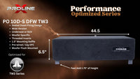 A promotional product graphic for a PROLINE X PO 10D-S DFW TW3 performance-optimized vehicle underseat or SUV woofer. The image shows a dark gray rectangular woofer with dimension callouts of 44.