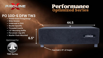 A promotional product graphic for a PROLINE X PO 10D-S DFW TW3 performance-optimized vehicle underseat or SUV woofer. The image shows a dark gray rectangular woofer with dimension callouts of 44.