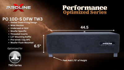 A promotional product graphic for a PROLINE X PO 10D-S DFW TW3 performance-optimized vehicle underseat or SUV woofer. The image shows a dark gray rectangular woofer with dimension callouts of 44.