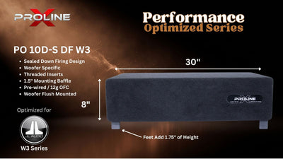 A Black PROLINE PO 12-S DF W3 subwoofer box shown on a black promotional graphic with dimension labels of 30 inches wide and 8.3 inches high, plus feature text and the PROLINE Performance Optimized Series branding.