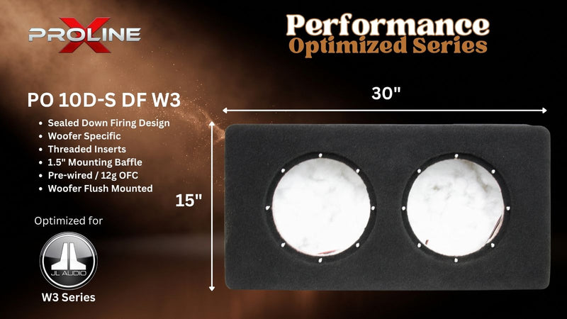 A black rectangular speaker enclosure panel with two round white marble or white insert openings, shown on a dark brown promotional graphic. Text reads 'Proline X Performance Optimized Series', 'PO 10D-S DF W3', and includes dimensions 30 inches wide by 15 inches tall, plus a small Proline X logo badge.
