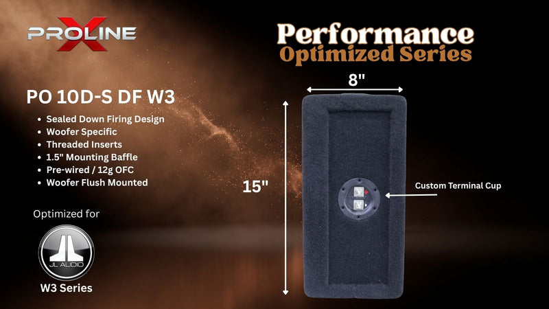 A promotional product graphic for a Proline PO 10D-S DF W3 woofers, showing a single black rectangular woofer with dimension callouts of 15 inches by 8 inches, alongside feature text and a Proline logo on a dark smoky background.