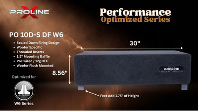 A black PROLINE PO 12-S DF W3 subwoofer shown on a black promotional graphic with dimension labels of 30 inches wide and 8.3 inches high, plus feature text and the PROLINE Performance Optimized Series branding.