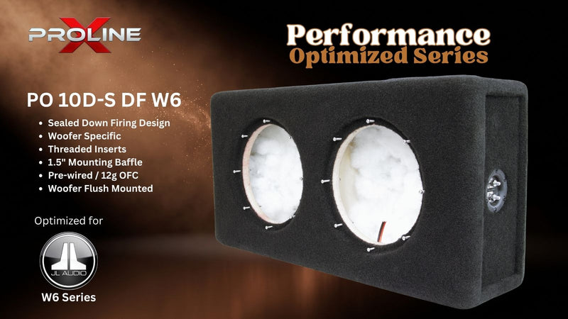 A black Proline X woofers PO 10D-S DF W6 subwoofer enclosure shown on a dark brown gradient background with product specifications and branding text.