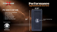 A promotional product graphic for a Proline Performance Optimized Series PO 10D-S DF W6 speaker. The image shows a black rectangular woofer with dimension labels of 15 inches by 8.