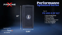 A black woofer enclosure insert shown on a dark blue gradient background with measurement labels indicating 15 inches tall by 7.28 inches wide, plus text reading 'Performance Optimized Series' and 'Part # PO 10D-S DF XLT' with Proline branding.