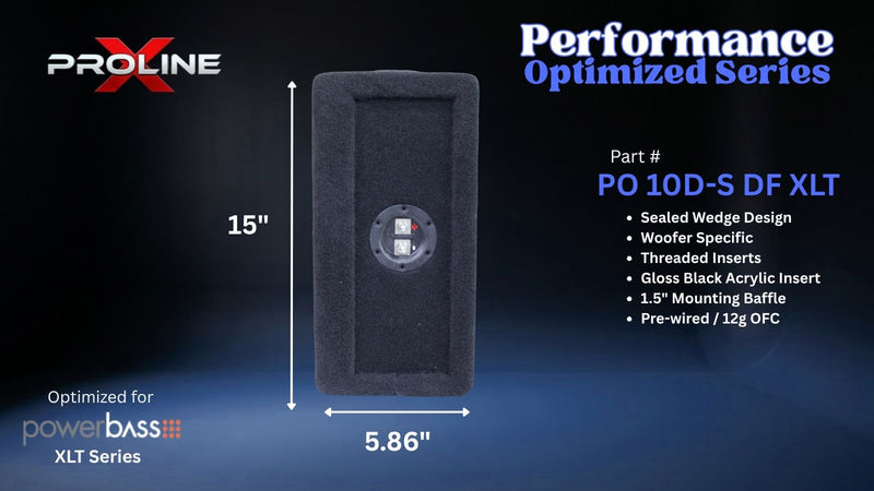 A black woofer enclosure insert shown on a dark blue gradient background with measurement labels indicating 15 inches tall by 7.28 inches wide, plus text reading 'Performance Optimized Series' and 'Part # PO 10D-S DF XLT' with Proline branding.