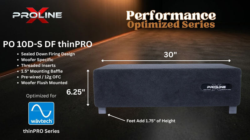 A dark gray PROLINE PO 10D-S DF thinPRO speaker cabinet shown on a dark promotional background with dimension labels: 30 inches wide and 6.25 inches high.