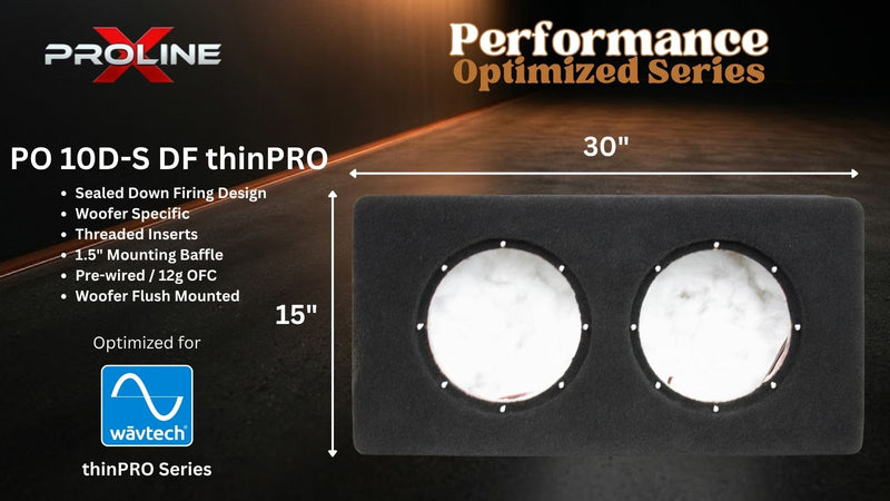 A product graphic for the Proline PO 10D-S DF thinPRO spotlight kit, showing a black rectangular dual-spot light fixture with two round white diffusers. The image includes dimension labels of 30 inches wide by 15 inches high, product specifications, a Proline logo, and a WaveTech compatibility logo on a dark background.