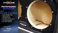 Close-up of a Proline X Performance optimized woofer enclosure showing a circular driver opening with a beige wood insert, black acrylic surround, visible mounting bolts, and wiring. Text on the left reads 'PROLINE Performance Optimized Series' and 'Part # PO 10D-S W 2XLD'.