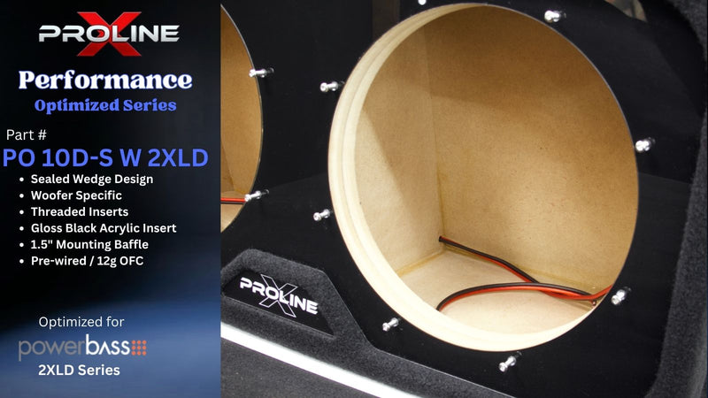 Close-up of a Proline X Performance optimized woofer enclosure showing a circular driver opening with a beige wood insert, black acrylic surround, visible mounting bolts, and wiring. Text on the left reads 'PROLINE Performance Optimized Series' and 'Part # PO 10D-S W 2XLD'.